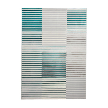 Apollo 2681 Modern Geometric Striped Linear Blocks Distressed Metallic Shimmer High-Density Textured Low Profile Short-Pile Grey/TealGreen/Cream Rug-Think Rugs-Rug Love - The Most Loved Rug Store